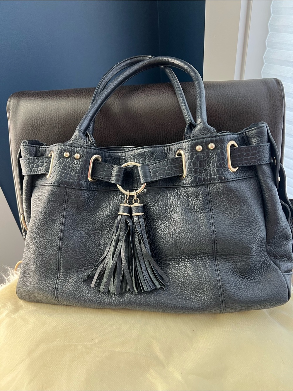 Balenciaga Navy Leather Tassel Satchel with Gold Hardware